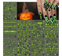 Kalolary Halloween Luminous Nail Art Stickers, 9 Sheets Halloween Pattern Fluorescent Glow in The Dark Nail Stickers, Self-Adhesive Bat Pumpkin Ghost Spider Skull Nail Art Decoration Design Supplies