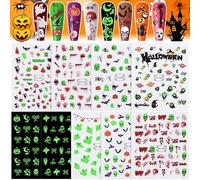 Kalolary Halloween Luminous Nail Art Stickers, 9PCS Halloween Pattern Fluorescent Glow in The Dark Nail Stickers, Self-Adhesive Bat Pumpkin Ghost Spider Skull Nail Art Decoration Design Supplies (B)