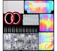 Kalolary Press on Nails Packaging Set Including Coffin Nail Tips, Double Sided Tape, Jelly Glue, Holographic Empty Pullable Display Packing Box and Ziplock Bag with White Cardboard for DIY Nail Art