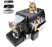 Kalolary Stainless Steel Cat Litter Box with Lid, Enclosed Removable Metal Litter Tray for Large Cat with Top Entry, High Sided Enclosure, Scoop, Non-Sticky, Easy Cleaning(Black - top entry)