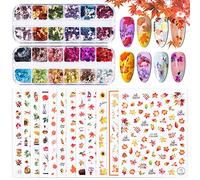 Kalolary Thanksgiving Nail Stickers, 12 Sheets Autumn Nail Stickers with 2 Boxes Maple Leaf Glitter for Women Girls DIY Nail Decorations