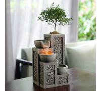 Kalona Indoor Tabletop Water Fountain - 3-Tier Resin Waterfall with LED Lights, Mini Bonsai Planter & Cascading Water Flow - Soothing Desk Fountain for Home, Office, Meditation Decor (22024)