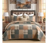 KALOOLA 100% Cotton King Quilt Set, Rustic Farmhouse Plaid, Green Brown