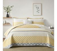 KALOOLA 100% Cotton Quilt Set Queen Size, Lightweight Reversible Quilted Bedspread with 2 Pillow Shams, Farmhouse Floral Striped Pattern Bedding Coverlet for All Seasons, 3 Pieces, Yellow/Grey