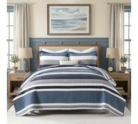 KALOOLA 100% Cotton Quilt Set Queen Size - Modern Lightweight Striped Quilted Bedspread with 2 Pillow Shams, All Season Use Bedding Coverlet for Contemporary Bedroom Decor, Navy/Gray/Blue, 3Pcs