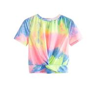 KaloryWee Tie-Dye Crop Top for Women Casual Short Sleeve Crew Neck T-Shirt Knot Front Blouse Summer Fashion Tee