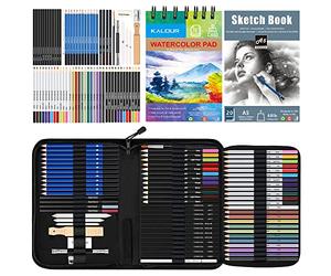 KALOUR 77pc Art Supply Set - Sketching & Drawing Kit with Tutorial Book, Sketchbook & Paper - Pencils, Pastels, Watercolors for Beginner Artists
