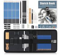 KALOUR Professional Sketching Set, 34 Pieces with Nylon Zip Case & Sketchbook - 12 Sketching Pencils (5H-8B), Charcoal Pencils, Erasers & Sharpeners for Artists, Students & Beginners
