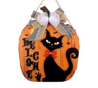 KAlRNE Halloween Sign,Black Cat Wall Decor With bow,Welcome Halloween Wooden Hanging Plaque,Spider Bat Moon Wood Print,Horror Themed Party Gift for Neighbor Friends Family Home Porch Farmhouse Decor