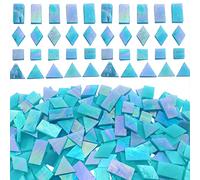 KALUCION Iridescent Aqua Stained Glass Mosaic Tiles, 280 Pieces Mixed 4 Shapes Stained Glass Supplies for Mosaic Projects