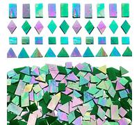 KALUCION Iridescent Green Mosaic Tiles for Crafts, 280 Pieces Mixed 4 Shapes Stained Glass Sheets, Stained Glass Supplies for Mosaic Projects