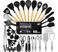 Kaluns 50 PCS Silicone Kitchen Utensils Set Complete Kitchen Set - 800°F Heat Resistant Non-Stick Premium Cooking Utensils W Wooden Handles - Can Opener, Masher, Turner, Silicone Spatula Set