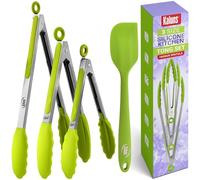Kaluns Kitchen Tongs for Cooking, Non Stick Silicone Tip Stainless Steel Tongs, Set of Four 7,9, and 12 Inch Tong Plus Silicone Spatula Non-Stick, Heat Resistant Serving Utensils (Green)