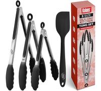Kaluns Kitchen Tongs for Cooking, Non Stick Silicone Tip Stainless Steel Tongs, Set of Four 7,9, and 12 Inch Tong Plus Silicone Spatula Non-Stick, Heat Resistant Serving Utensils (Black)