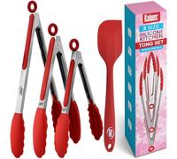 Kaluns Kitchen Tongs for Cooking, Non Stick Silicone Tip Stainless Steel Tongs, Set of Four 7,9, and 12 Inch Tong Plus Silicone Spatula Non-Stick, Heat Resistant Serving Utensils (Red)