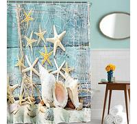 Kaluori Shell Starfish Seaside Pattern Fabric Shower Curtain, Waterproof Mildewproof Polyester Bathroom Curtain Shower Curtain Liner with 12 Plastic Hooks, 3D Printing, Machine Washable, 180 x180cm