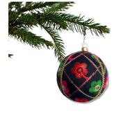 Kalyani Bauble - Black with Red, Pink & Green Embroidery | 8 cm | Luxury Handmade Fabric Ornament | Sustainable Home Décor | Elegant Gifting & Event Styling | UK Artisan Made