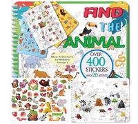 Kalysky 450+ Animals Stickers for Children, Find The Animals Sprial Bound Sticker Book with 20 Scence Combine Search Fun and Colouring, Kids Stickers Activity Book for Travel