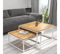 Kama 2 Piece Coffee Table Set Metal Base Legs White With Artisan Oak Tops Modern Matching Duo In Large And Small Sizes