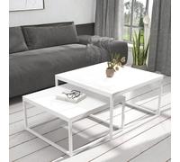 Kama 2 Piece Coffee Table Set Metal Base Legs White With Matt White Tops Modern Matching Duo In Large And Small Sizes