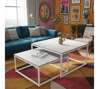 Kama Set Of 2 Modern Coffee Tables Laminated Pvc Tops On Metal Base Large And Small Matching Duo Legs White Top Light Concrete