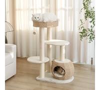 KAMABOKO Modern Cat Tree Tower, 39" Tall, 3 Levels, Sisal Scratching Posts, Hand-Woven Condo & Top Perch, Indoor Cat Tree for Kittens