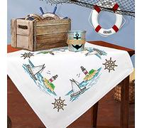 KAMACA Embroidery Kit Sailing Boat & Lighthouse Tablecloth 80 x 80 cm - Pre-Drawn Cross Stitch - Complete Embroidery Set Made of 100% Cotton - Embroidery Set for Adults - Maritime Design