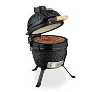 Relaxdays Kamado Barbecue, Ø 26 cm, Ceramic BBQ Grill, with Thermometer up to 450°C, Outdoor Cooking, Smoker, Egg, Black