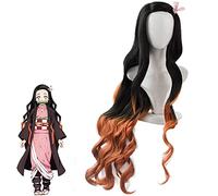 Kamado Nezuko Demon Slayer Cosplay Wig, Japanese Anime Character Role Playing Hairs Wigs with Accessories, Long Curly Black Orange Gradient Kids Wig for Halloween Props