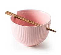KAMAIDI Ceramic Ramen Noodle Bowl with Matching Chopsticks, Soup Bowls for Udon Soba Pho Asian Noodles, Dishwasher and Microwave Safe, 28 oz (Pink)