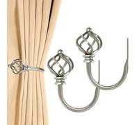 KAMANINA 2 Pack Antique Silver Curtain Holdbacks, U Form Wall Mounted Curtain Tiebacks, Decorative Curtain Drapery Holdback with Twisted Cage Finials for Fixed Curtain or Hanging Items