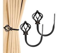 KAMANINA 2 Pack Black Curtain Holdbacks, U Form Wall Mounted Curtain Tiebacks, Decorative Curtain Drapery Holdback with Twisted Cage Finials for Fixed Curtain or Hanging Items