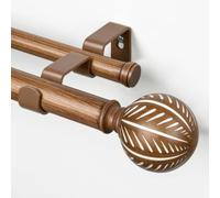 KAMANINA Wooden Double Curtain Pole, 167-304 cm Extendable Curtain Poles | Double Curtain Rod, Adjustable, Metal, Wall Mounted, Ø 25 mm, Heavy Duty, Load 15 KG, with Wood Grain Effect Leaf Finials
