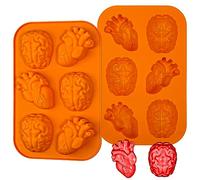 Kamehame Human Brain and Heart Silicone Organ Moulds 2 Pcs 3 Inch 6 Cavity Halloween Jelly Mould Non-Stick Baking Mould for DIY Chocolate, Candy, Jelly, Muffin, Cupcake