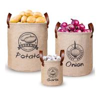 Kamehame Potato and Onion Storage Bag Set of 3, Reusable Potato Storage Container Onion Bag Garlic Keeper, Open-Top Lined Burlap Potato Sacks for Storage