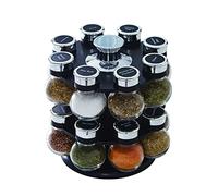 Kamenstein 16 Jar Ellington Revolving Countertop Spice Rack with Lift & Pour Caps and Spices Included, FREE Spice Refills for 5 Years: Black and Chrome