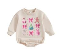KameyouForever Baby Clothes Girl My First Christmas Bubble Romper Bow Print Crew Neck Long Sleeve Sweatshirt Jumpsuit Baby Girl Outfit (Khaki, 12-18 Months)