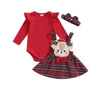 KameyouForever Baby Girl Christmas Outfit My First Christmas Long Sleeve Romper Top Deer Plaid Suspender Skirt Sets 0 3 6 9 12 12 Months (A Red, 12-18 Months)