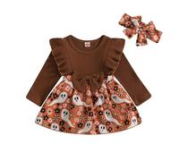 KameyouForever Baby Girl Clothes Outfit Halloween Newborn Romper Dress Ghost/Pumpkin Print Long Sleeve Jumpsuits And Cute Headband Set (Brown, 6-12 Months)