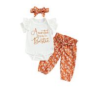KameyouForever Baby Girl Clothes Set Baby Girl Summer Outfits Auntie is My Bestie Printed Romper Top Shorts/Pants Set+Headband 3PCS Clothes (B White,0-3 Months)