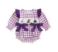KameyouForever Baby Girl Halloween Plaid Romper Witch Hat Embroidery Long Sleeve Round Neck Bow Jumpsuit My First Halloween Outfit Newborn Clothes (Purple, 18-24 Months)
