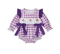 KameyouForever Baby Girl Halloween Plaid Romper Witch Hat Embroidery Long Sleeve Round Neck Bow Jumpsuit My First Halloween Outfit Newborn Clothes (Lavender, 12-18 Months)