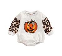 KameyouForever Baby Girls Halloween Outfits Newborn Romper Pumpkin Leopard Print Long Sleeve Jumpsuits Spring Autumn Round Neck Bodysuits (Gray Orange Yellow, 12-18 Months)