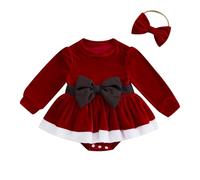 KameyouForever My First Christmas Baby Girls Velvet Romper Dress Terry Trim 3D Bow Long Sleeve Jumpsuit Headband Adorable Outfits Baby Clothing (Red, 6-12 Months)