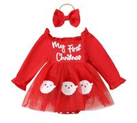 KameyouForever My First Christmas Outfit Baby Girl Christmas Outfit Letter Embroidery Shirred Ruffle Sleeve Romper Dress + Headband Baby Girls' Dresses (Red, 3-6 Months)