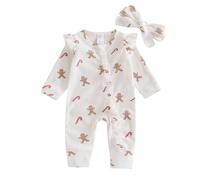 KameyouForever My First Christmas Outfit Baby Girl Jumpsuit Long Sleeve O Neck Gingerbread Print Ruffle Trim Romper With Headband Newborn Clothing (White, 6-12 Months)