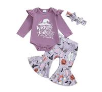 KameyouForever My First Halloween Outfits Newborn Baby Girl Clothes Long Sleeve Romper Ghost Bat Pumpkin Print Pants Headband 3Pcs Infant Clothing Set (Halloween Purple A, 12-18 Months)