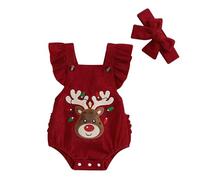 KameyouForever Newborn Clothes Girl Christmasoutfit Baby Jumpsuit Flying Sleeve Elk Embroidery Rompers With Headband My First Christmas Clothes (Red, 3-6 Months)