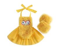 KameyouForever Newborn Girl Outfit My First Halloween Outfit Sleeveless Halterneck Furry Patchwork Embroidery Ghost Romper Dress With Leg Warmer Halloween Clothes (Yellow, 0-6M)