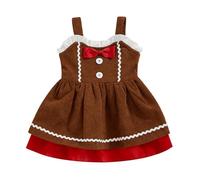 KameyouForever Toddler Girl Gingerbread Man Dress My First Christmas Outfit Sleeveless Patchwork Ruffled Bow Button Decor A-Line Baby Girls' Dresses (Khaki, 2-3 Years)
